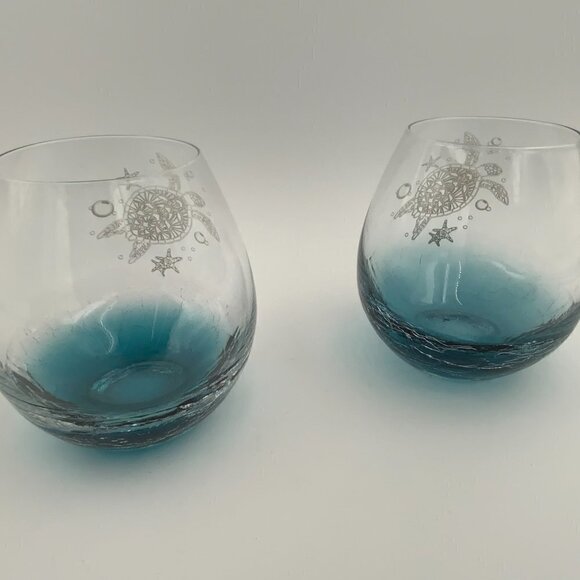 Set of 2 Sea Turtle Stemless Wine Glasses Crackle Glass EUC - Picture 5 of 7